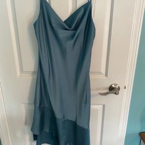 Steel Blue Turquoise Asymmetrical Satin Dress, Size Medium